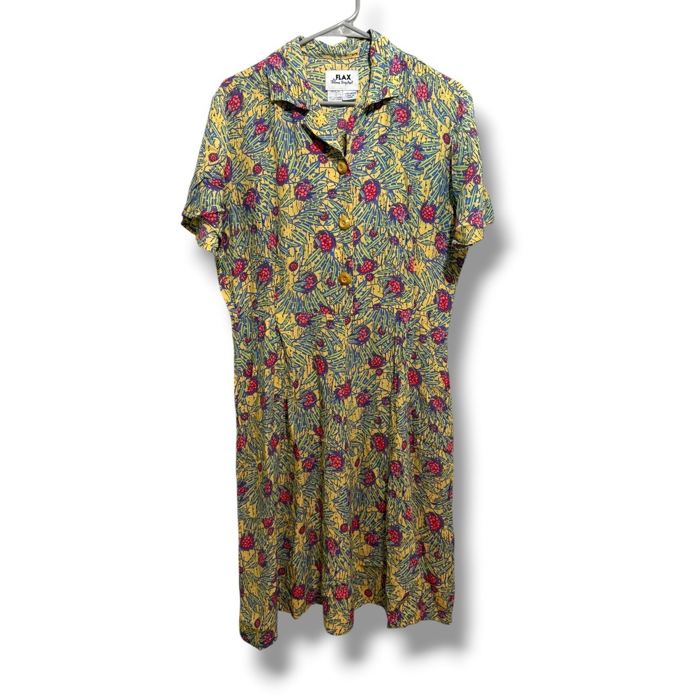 Vintage FLAX Jeanne Engelhart Dress Womens M Rayon Floral Artwear Lagenlook 90s